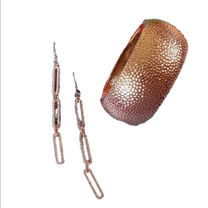 Rose Gold Hammered Spring Bracelet And White Crystal Chandler Earrings